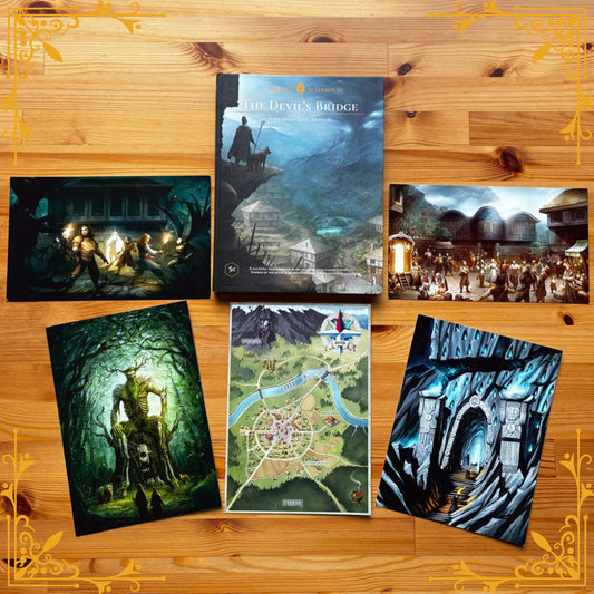 Slavic folklore inspired TTRPG book surrounded by prints of fantasy illustrations.